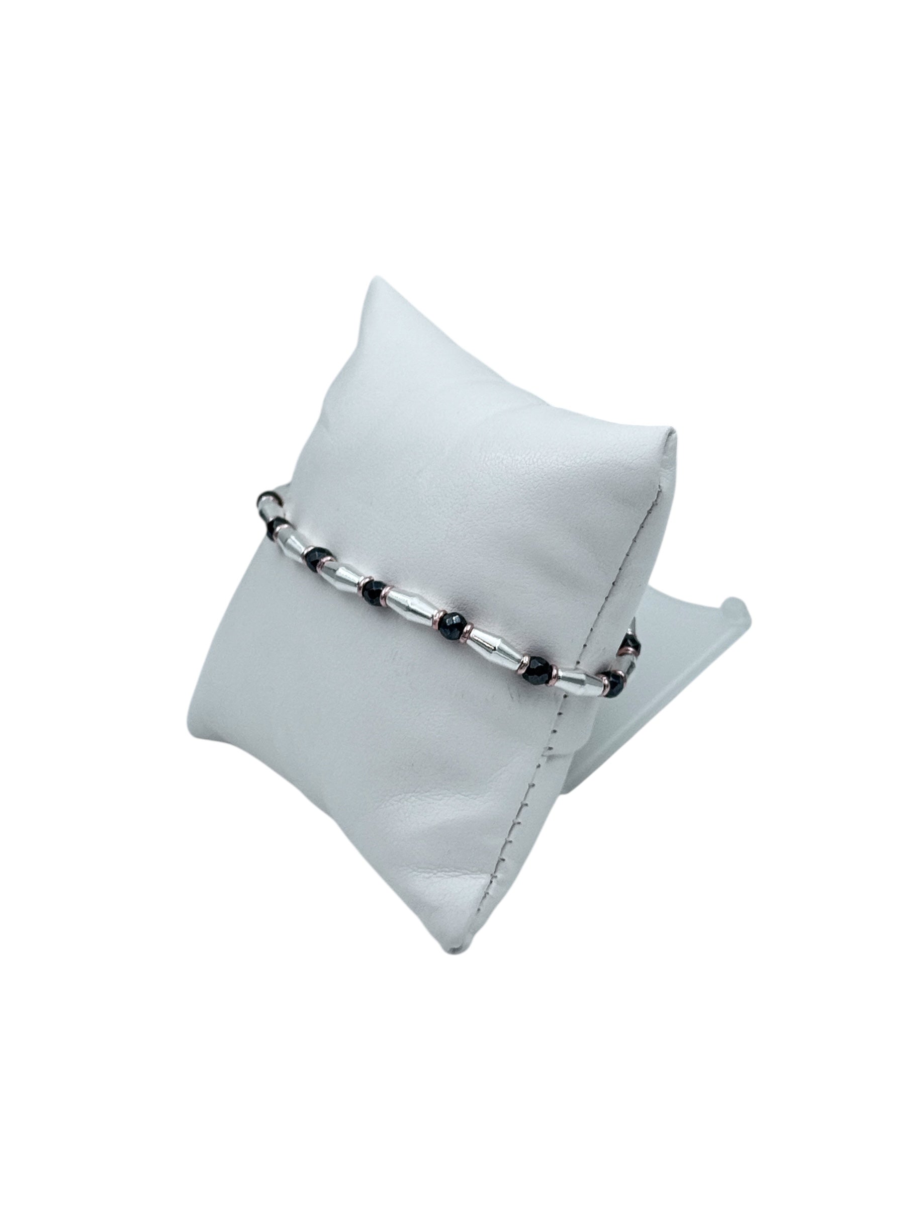 Bracciale Spadarella in argento con anelli color oro rosa e pietre nere - SPBR648