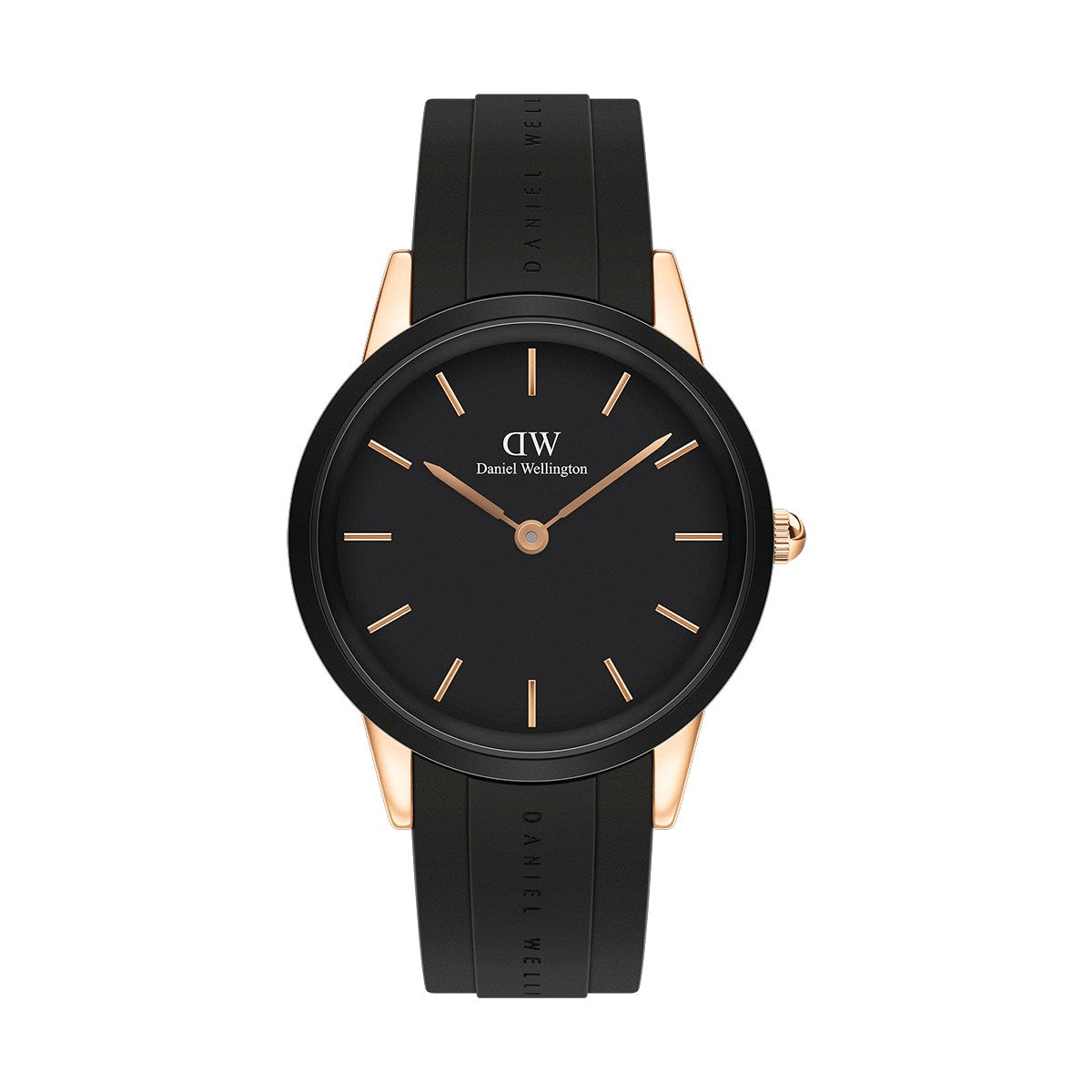 Daniel Wellington Uhr, Kautschukarmband, schwarzes Zifferblatt, roségoldfarbene Lünette, 40 mm – DW00100412