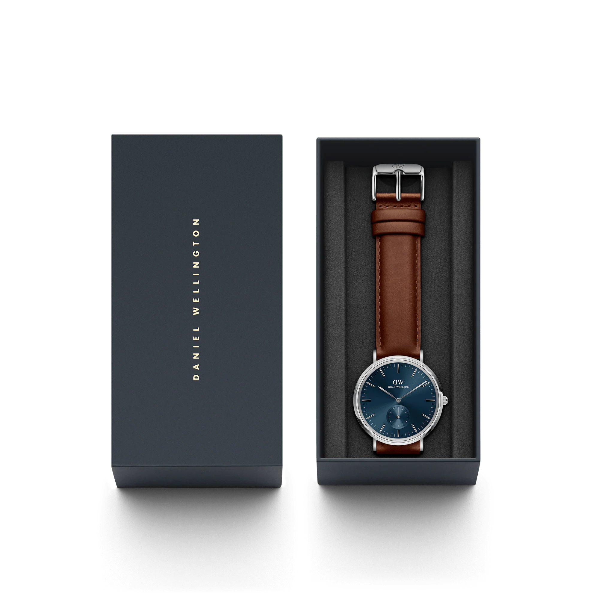 Orologio Daniel Wellington Classic Multi-Eye St Mawes Arctic Silver, cinturino di pelle marrone e quadrante Blu, 40mm - DW00100709