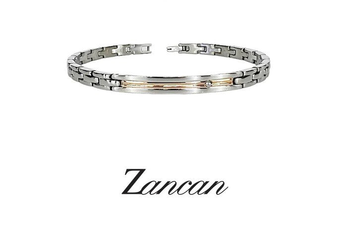 Zancan-Armband für Herren aus Stahl mit zentraler Plakette aus Roségold und schwarzem Zirkonia – Hi-Teck-Kollektion – EHB216