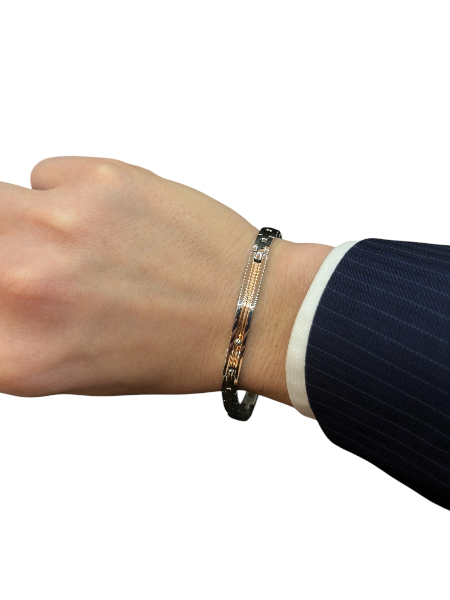Zancan-Armband für Herren aus Stahl mit zentraler Plakette aus Roségold und schwarzem Zirkonia – Hi-Teck-Kollektion – EHB216