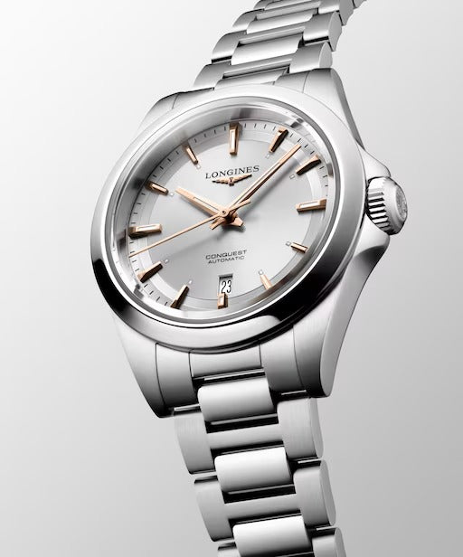 Longines Conquest Uhr, silbernes Zifferblatt und roségoldene Zeiger, 30 mm – L33204726