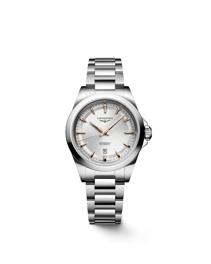 Longines Conquest Uhr, silbernes Zifferblatt und roségoldene Zeiger, 30 mm – L33204726