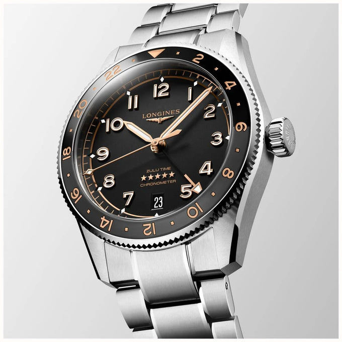 LONGINES SPIRIT ZULU TIME, schwarzes Zifferblatt, 39 mm – L38024506