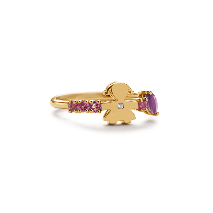 ANELLO LES BONBONS CON SAGOMA BIMBA, IN ORO GIALLO CON AMETISTA, TORMALINE E DIAMANTE - LBB851
