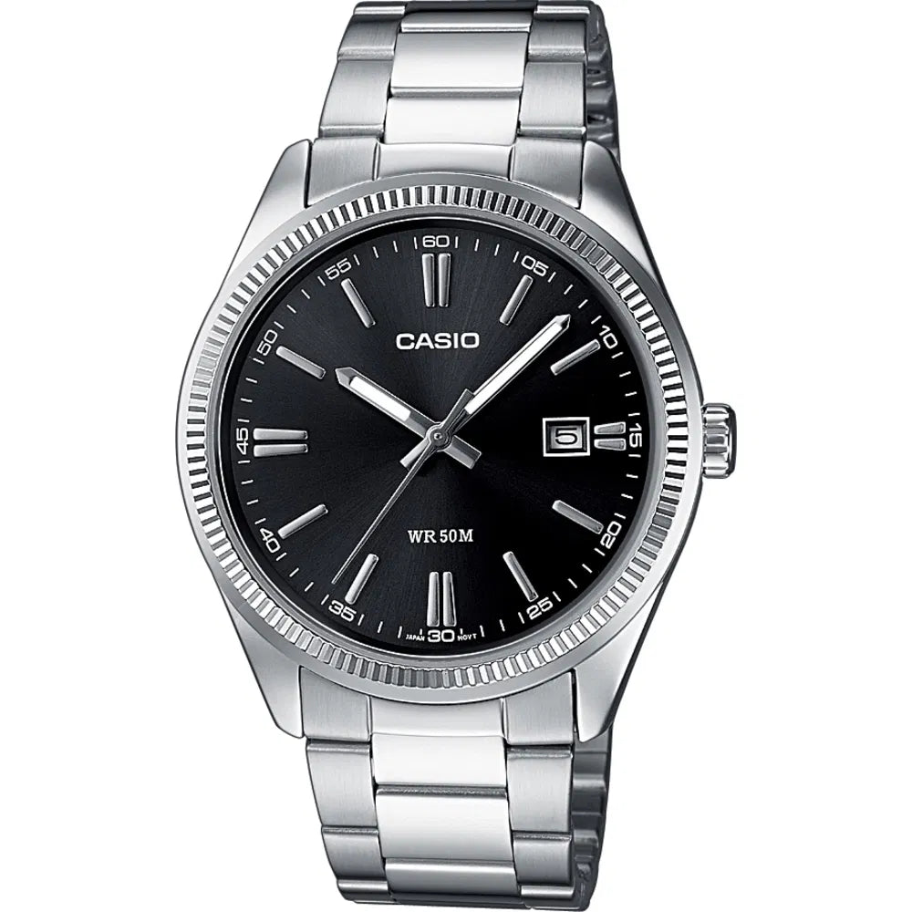 Casio Collection Uhr, schwarzes Zifferblatt und geriffelte Lünette, 38,5 mm – MTP-1302PD-1A1VEF