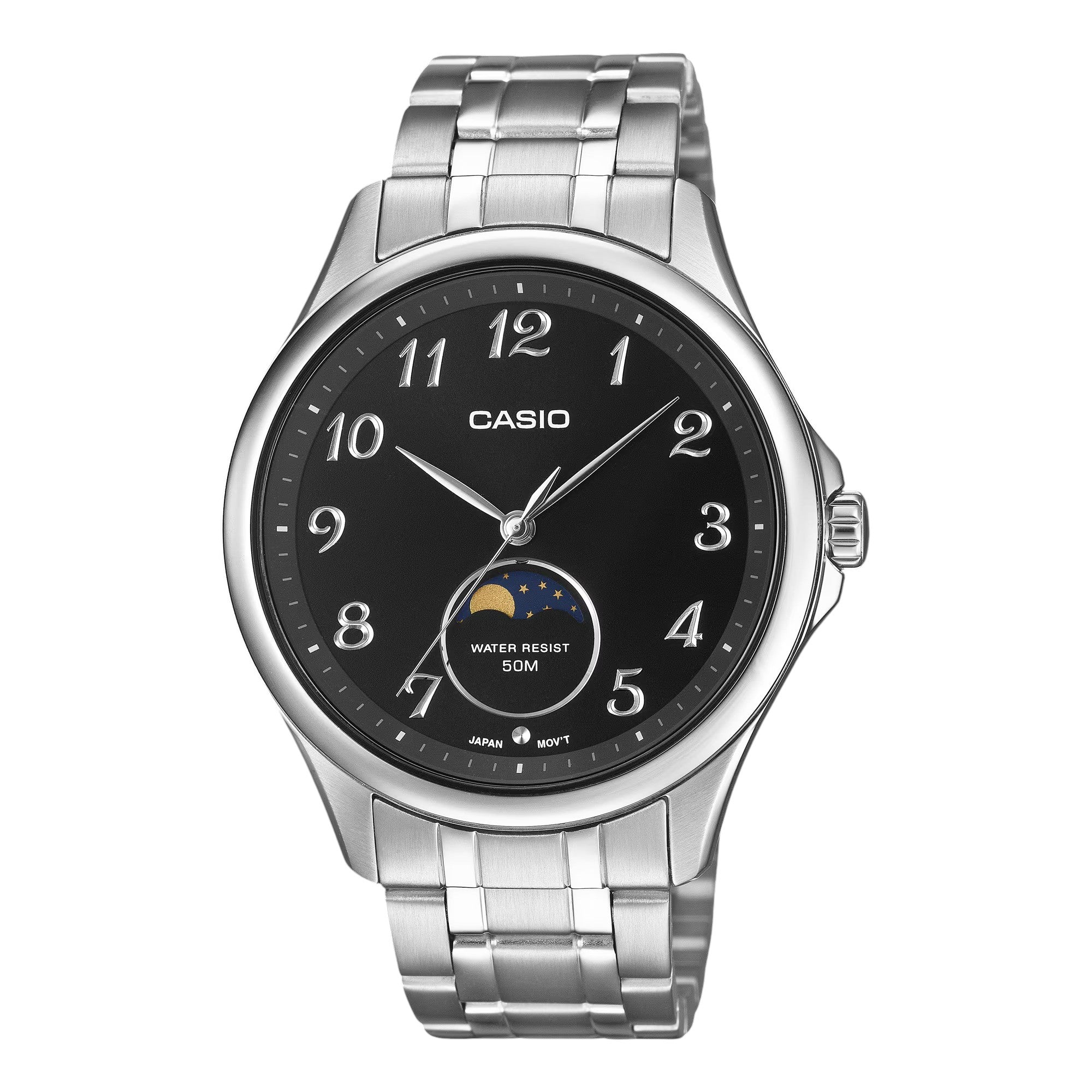Orologio Casio Collection, fasi lunari, cinturino acciaio e quadrante nero, 42.5mm - MTP-M110D-1AVER