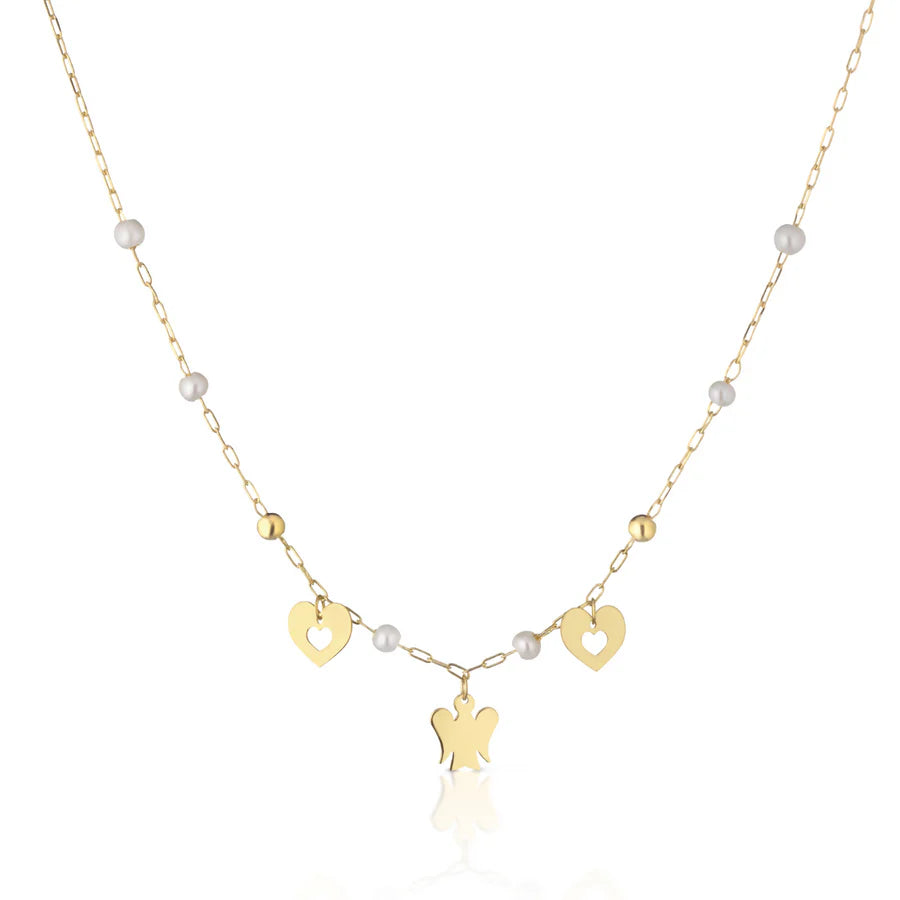 Roberto Giannotti – Halskette aus 9 Karat Gelbgold mit Perlen, Herzen und einem Engel – NKT407