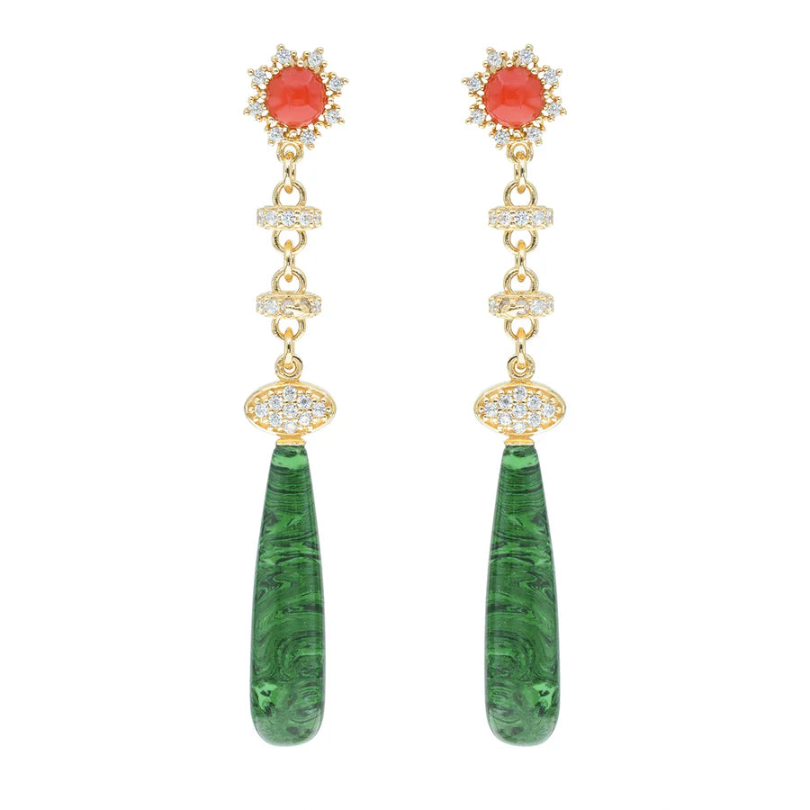 Koliè 925 - Orecchini in argento dorato con zirconi, corallo e pasta di malachite - OR ADAL 06MLC