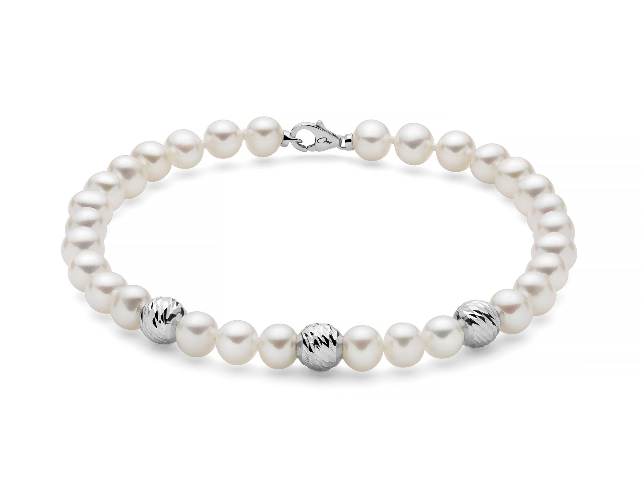 Bracciale Miluna di perle Oriente con 3 sfere diamantate in oro bianco 9KT - PBR3513BX