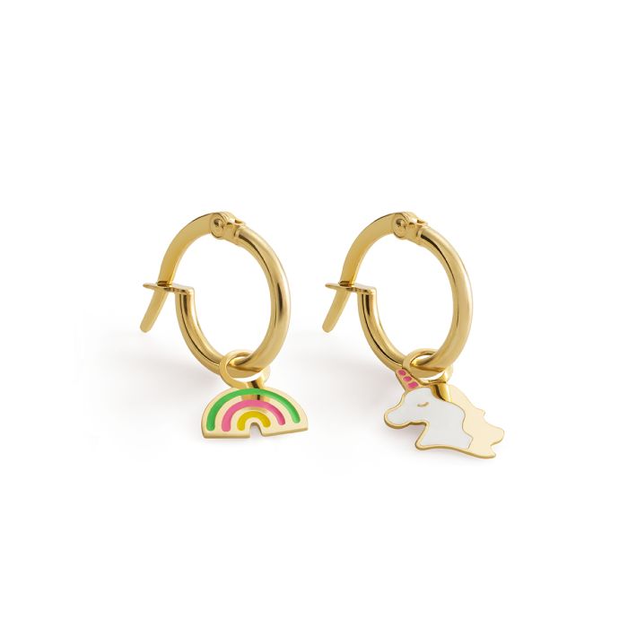 Le Bebè Toys Creolen mit Regenbogen und Einhorn, 9 Karat Gelbgold – PMG058/C