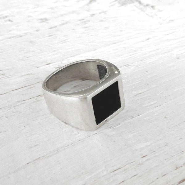 Anello Spadarella in argento, uomo, con pietra quadrata, pasta di onice nero - PSAN108P