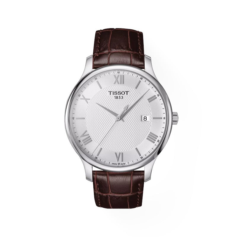 OROLOGIO TISSOT T-TRADITION, QUARZO, CINTURINO DI PELLE MARRONE E QUADRANTE BIANCO, 42mm - T0636101603800