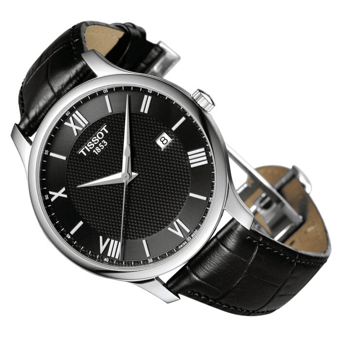 Orologio Tissot TRADITION, Cinturino di pelle e quadrante nero, 42mm - T0636101605800