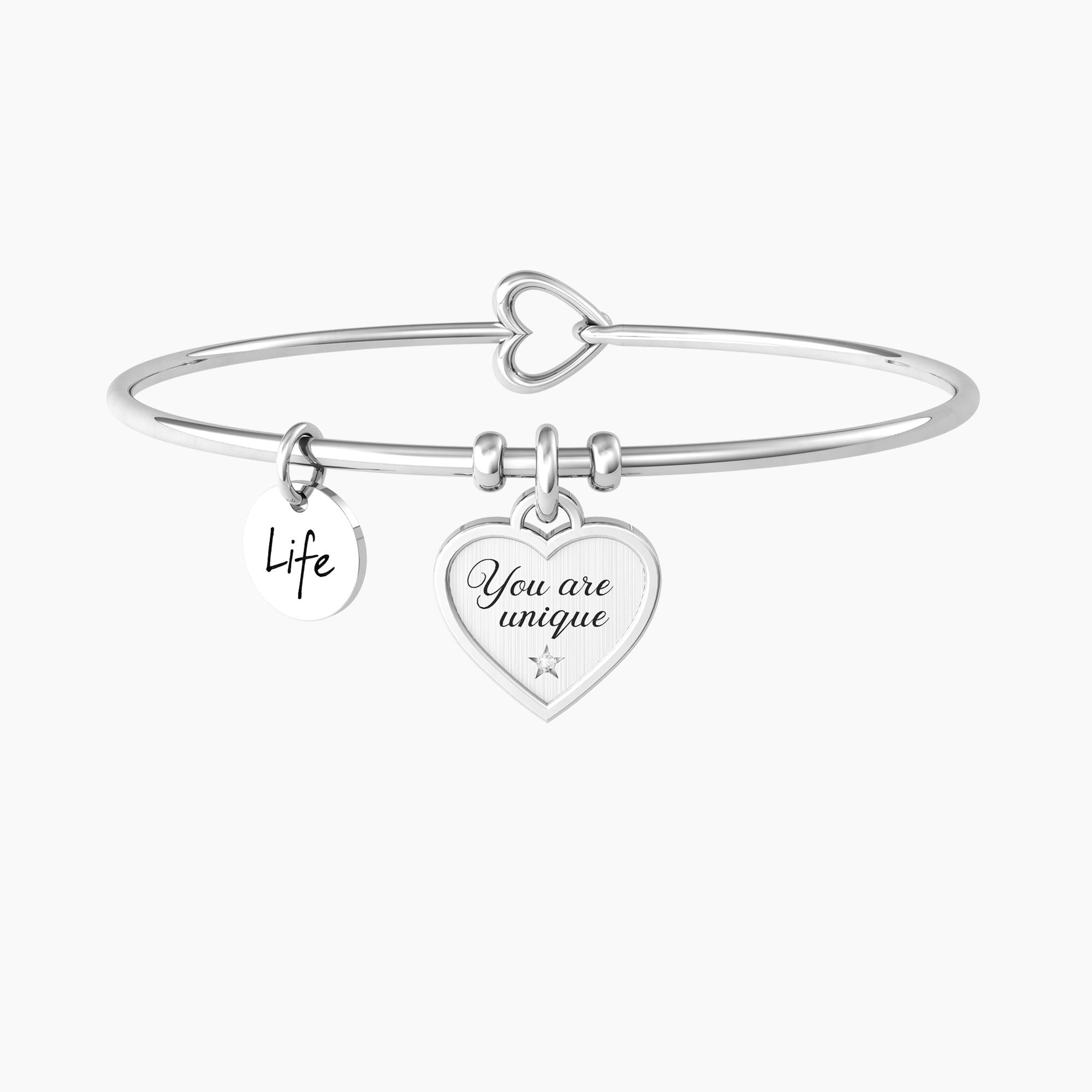 Bracciale rigido con ciondolo cuore e frase CUORE