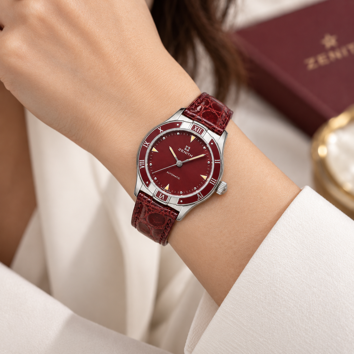 Orologio Zenith Lady Automatic — Acciaio 34 mm — Automatico, quadrante e lunetta bordeaux — NOS con doppio cinturino — 01.3200.467