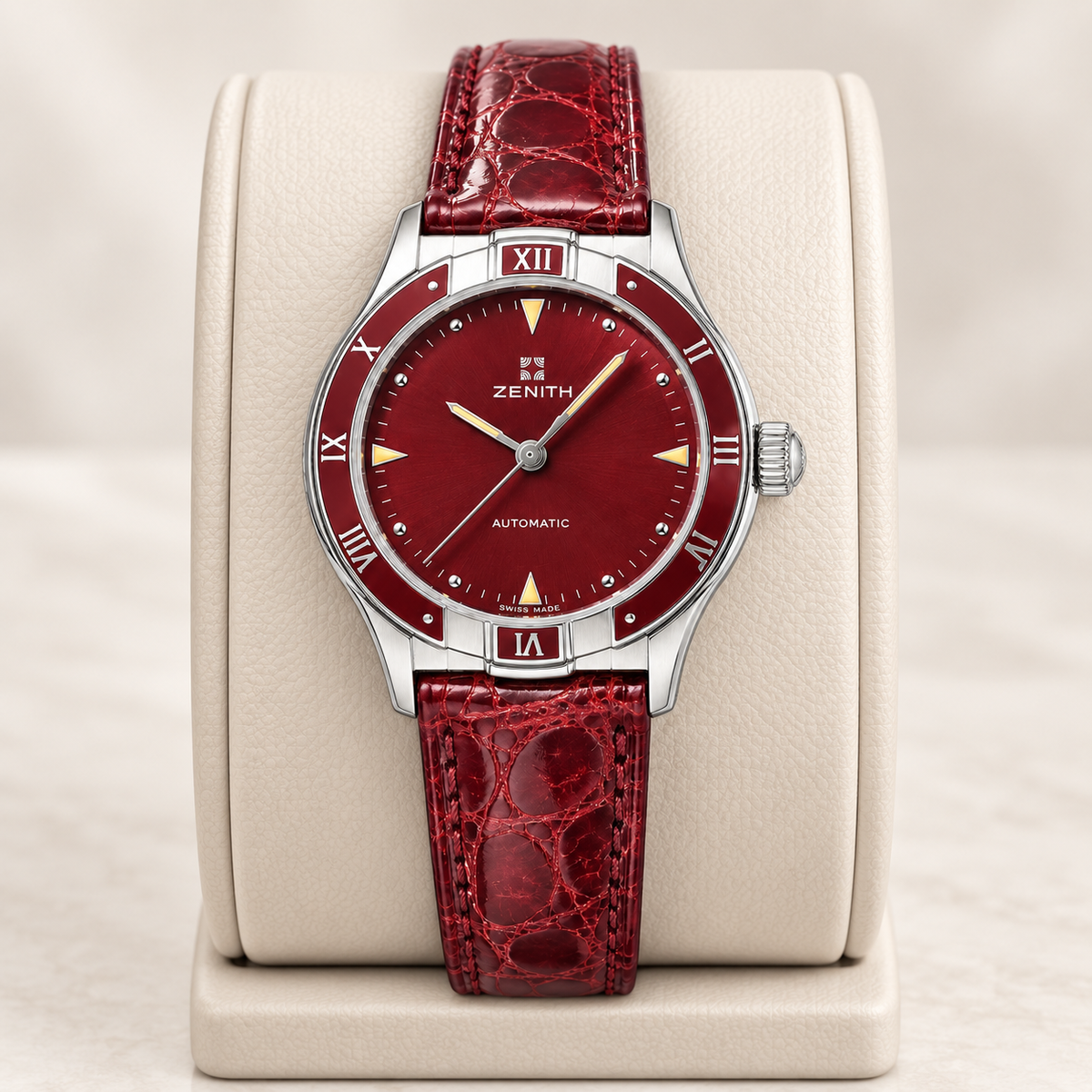 Orologio Zenith Lady Automatic — Acciaio 34 mm — Automatico, quadrante e lunetta bordeaux — NOS con doppio cinturino — 01.3200.467