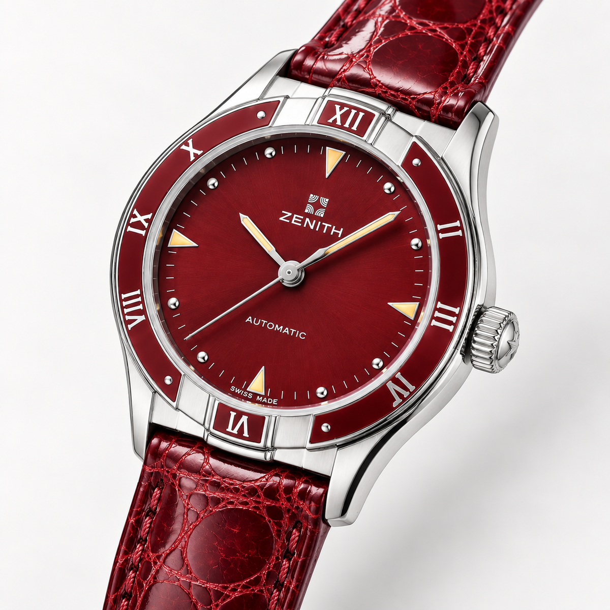 Orologio Zenith Lady Automatic — Acciaio 34 mm — Automatico, quadrante e lunetta bordeaux — NOS con doppio cinturino — 01.3200.467