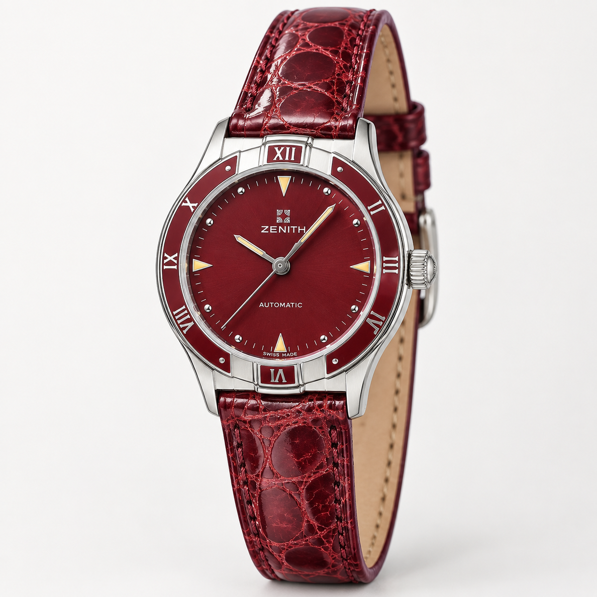 Orologio Zenith Lady Automatic — Acciaio 34 mm — Automatico, quadrante e lunetta bordeaux — NOS con doppio cinturino — 01.3200.467