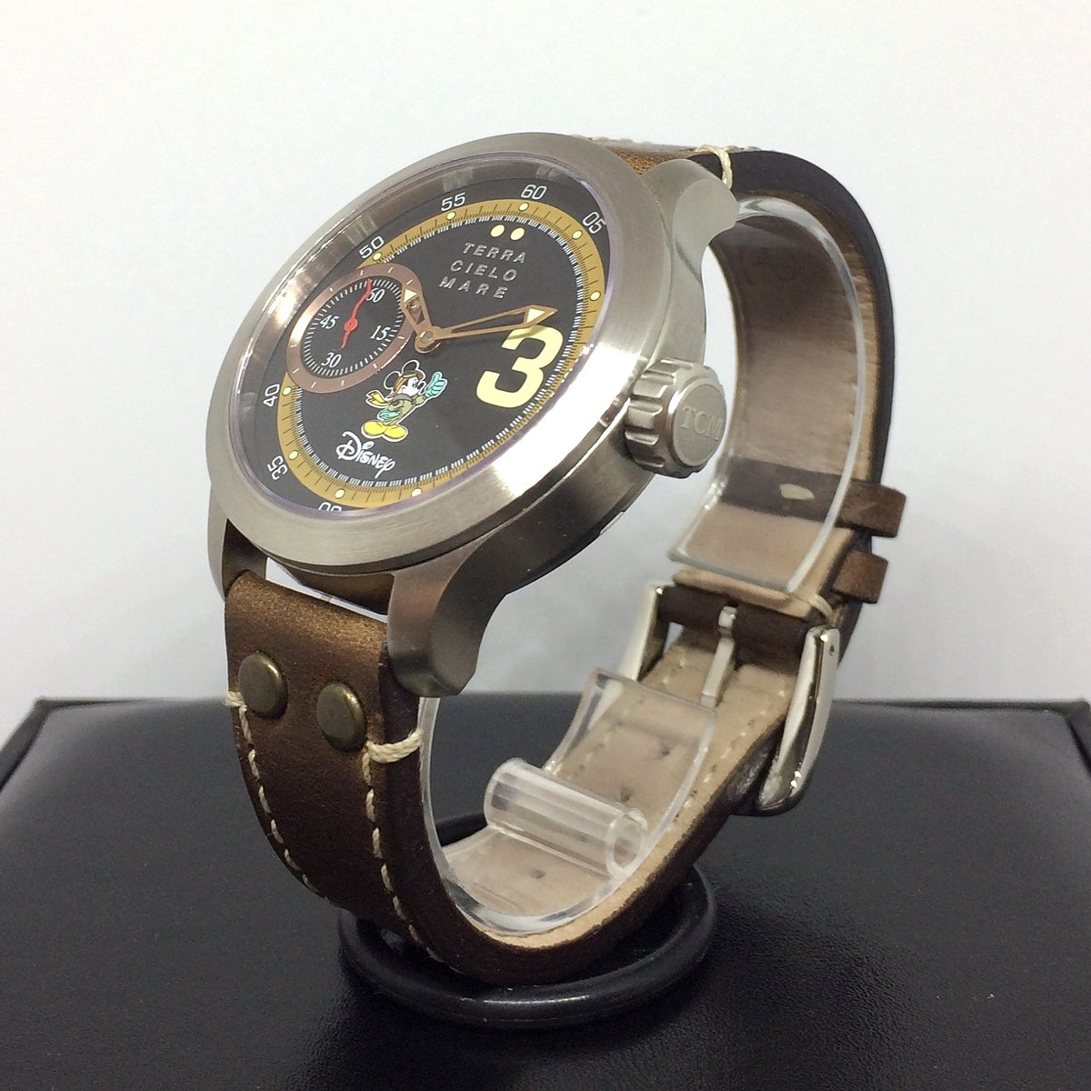 Orologio Terra Cielo Mare Disney Topolino Aviatore — 44 mm — Carica manuale Unitas 6497.1 con piccoli secondi, quadrante nero — NOS con scatola e garanzia originali - TC3000AC3PA