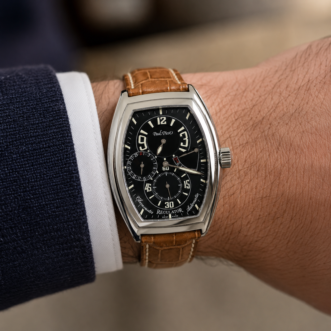 Paul Picot Firshire 3000 Regolatore Riserva di Carica — Acciaio tonneau 37 × 52 mm — Automatico COSC — NOS con corredo originale - 0740S