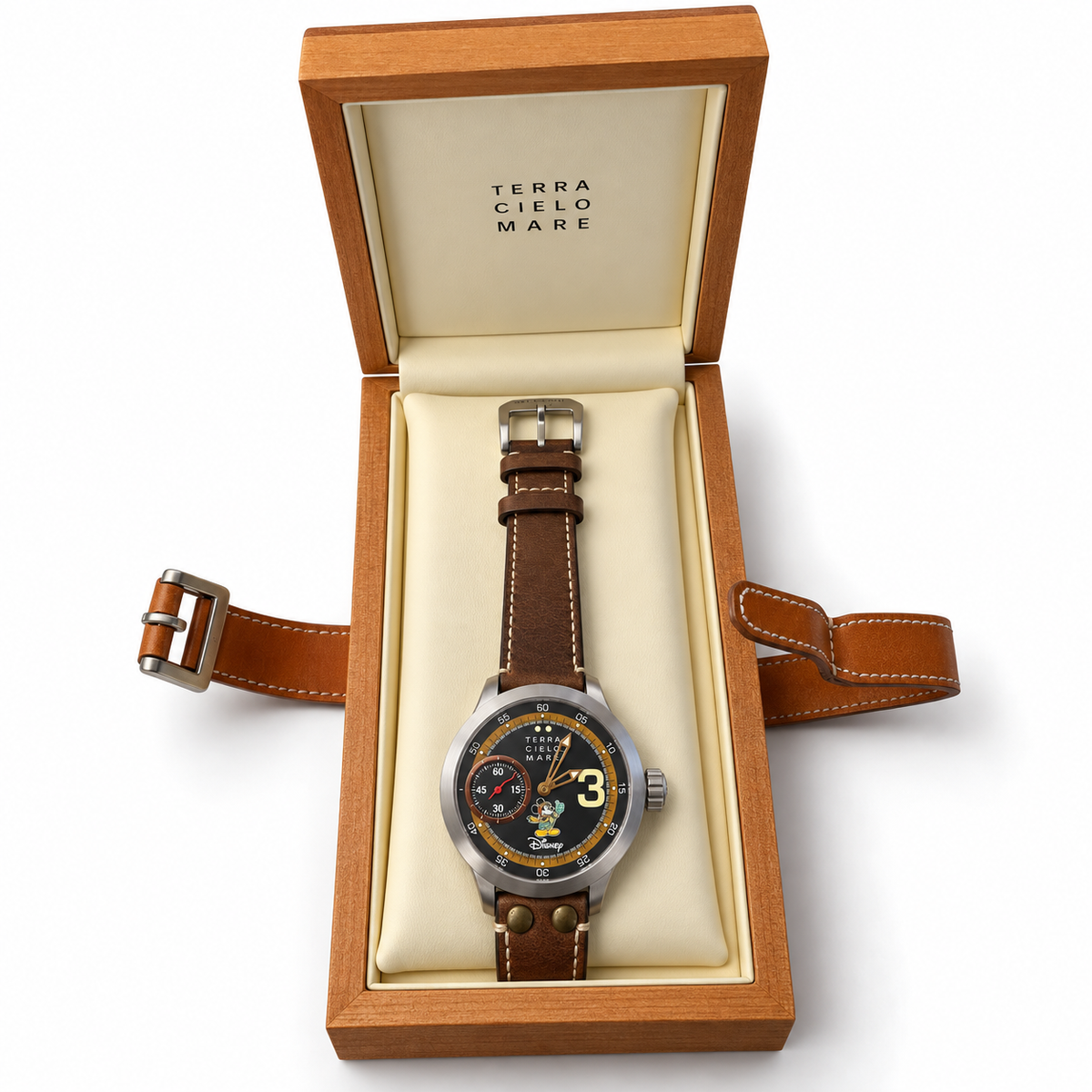 Orologio Terra Cielo Mare Disney Topolino Aviatore — 44 mm — Carica manuale Unitas 6497.1 con piccoli secondi, quadrante nero — NOS con scatola e garanzia originali - TC3000AC3PA