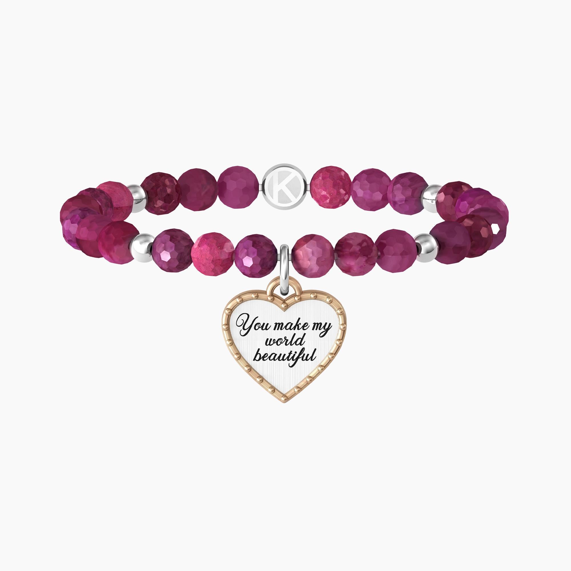 Elastic bracelet in fuchsia agate and HEART pendant | YOU MAKE MY WORLD BEAUTIFUL - 732127