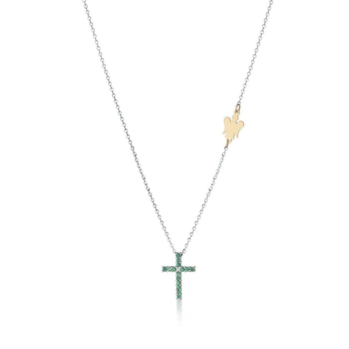 NECKLACE WITH CROSS IN WHITE GOLD AND EMERALDS - LUX302S