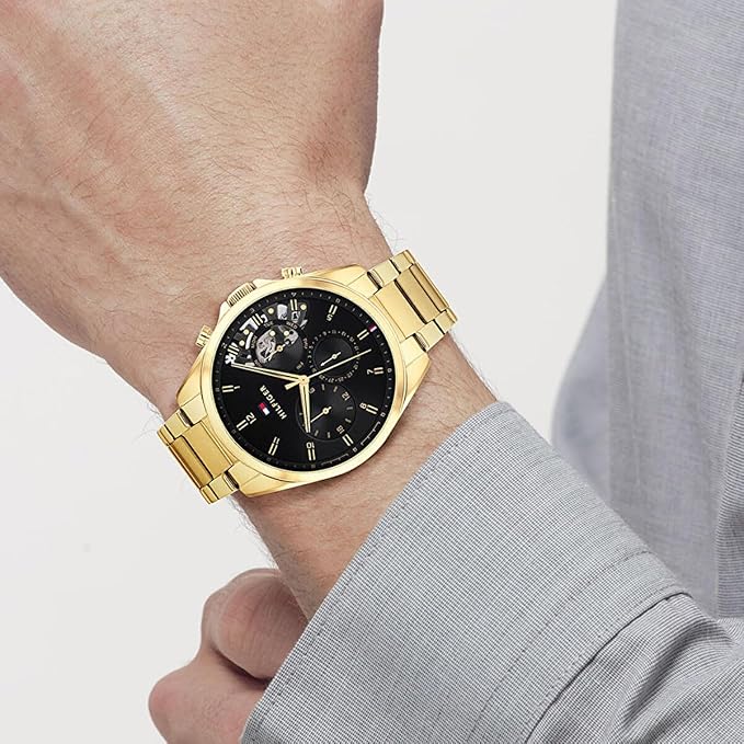 Orologio cronografo da uomo Tommy Hilfiger, color oro e quadrante nero, 44mm - 1710447