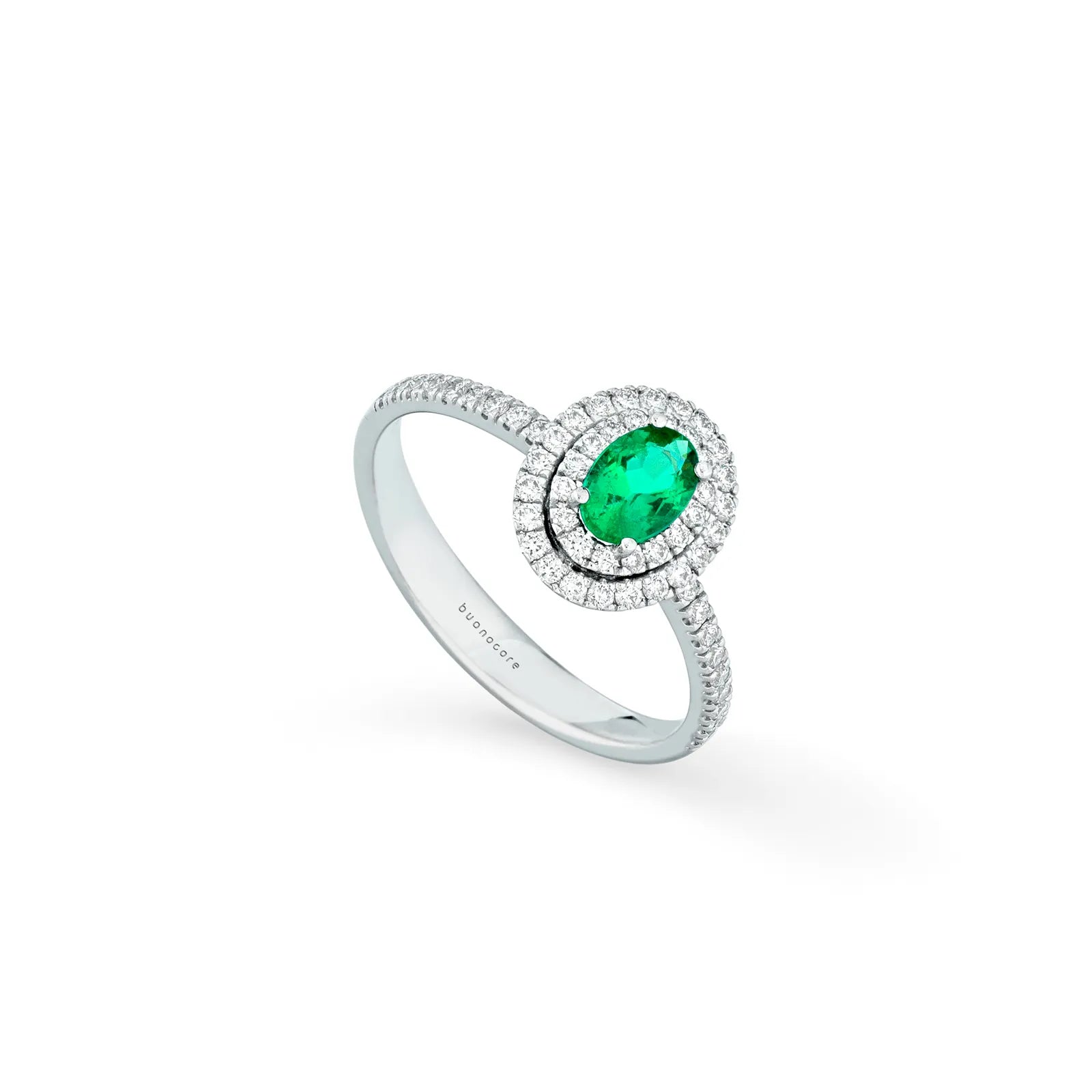 Anello Buonocore in oro bianco 18kt, smeraldo e giro di diamanti, 0.40ct di smeraldo - 1770A02MW