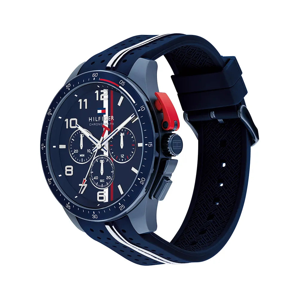 Orologio cronografo da uomo Tommy Hilfiger, COLLEZIONE Bank, quadrante blu e cinturino in caucciù, 46mm - 1792169