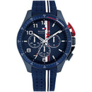 Orologio cronografo da uomo Tommy Hilfiger, COLLEZIONE Bank, quadrante blu e cinturino in caucciù, 46mm - 1792169