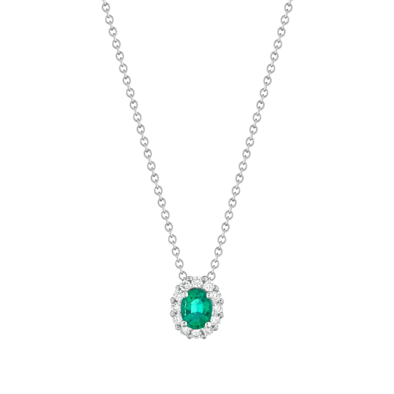 Collana Buonocore oro bianco 18kt pendente contorno diamanti bianchi con smeraldo ovale 4x3, 0.16ct di smeraldi - 1929C01MW