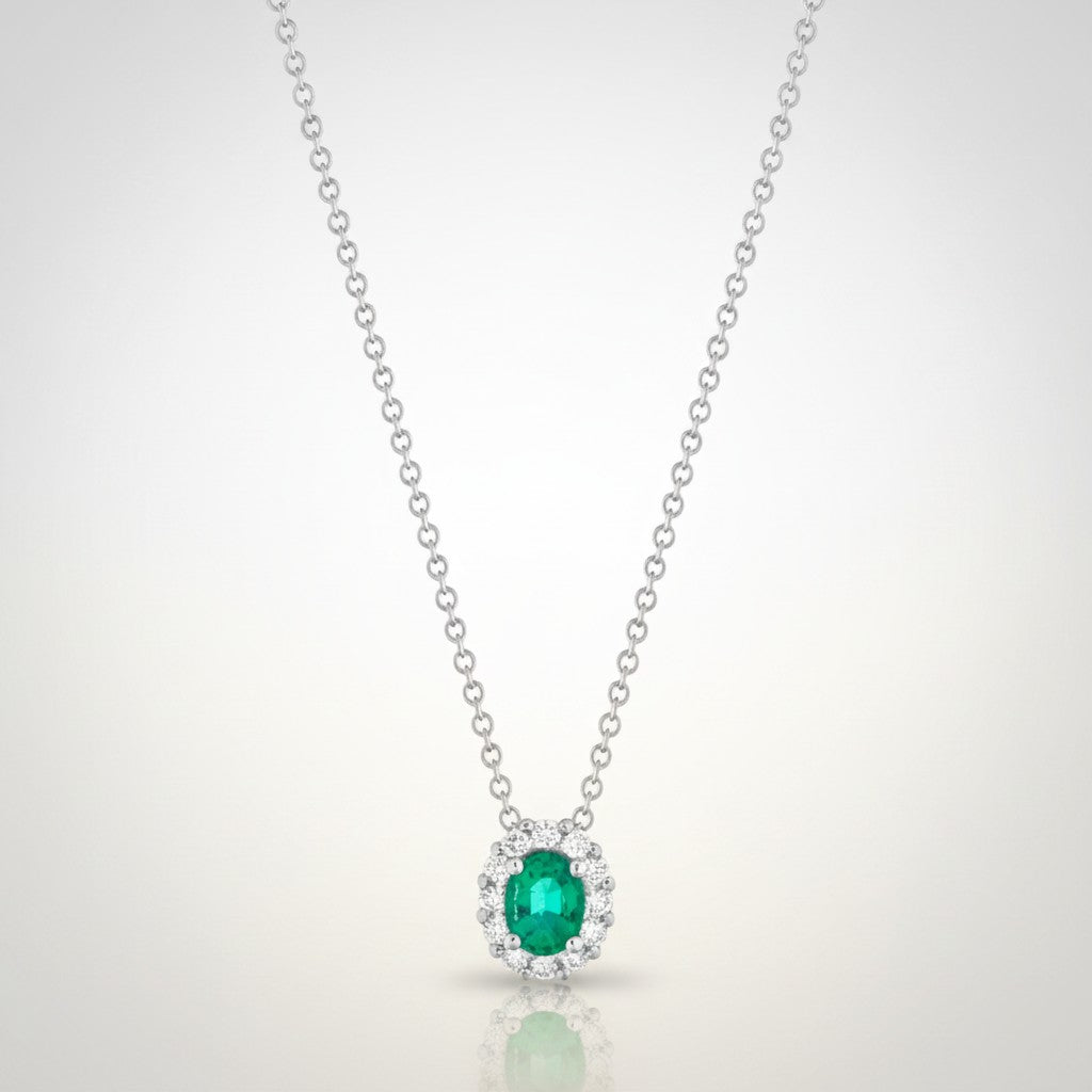 Collana Buonocore oro bianco 18kt pendente contorno diamanti bianchi con smeraldo ovale 4x3, 0.16ct di smeraldi - 1929C01MW