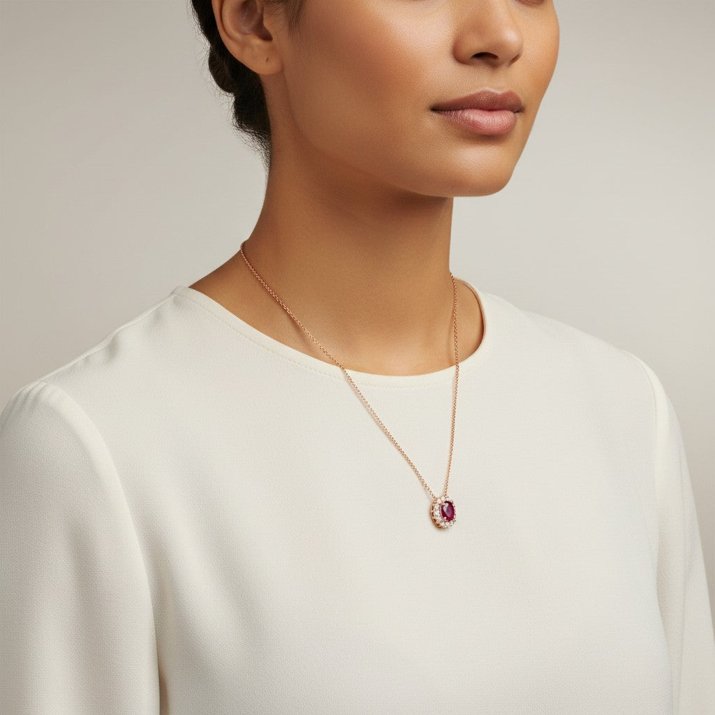 Collana Buonocore oro rosa 18KT pendente contorno di diamanti bianchi con rubino ovale 4x3, 0.23ct di rubini - 1929C03MP
