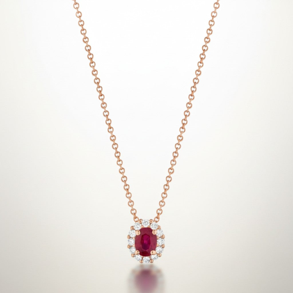 Collana Buonocore oro rosa 18KT pendente contorno di diamanti bianchi con rubino ovale 4x3, 0.23ct di rubini - 1929C03MP
