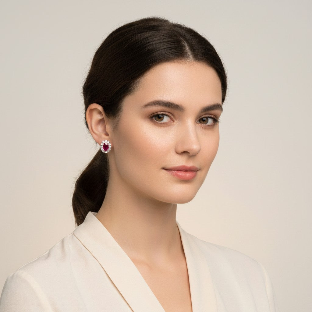 Orecchini Buonocore in oro rosa 18kt e contorno di diamanti bianchi con rubini ovale, 0.45ct di rubini - 1929O03MP