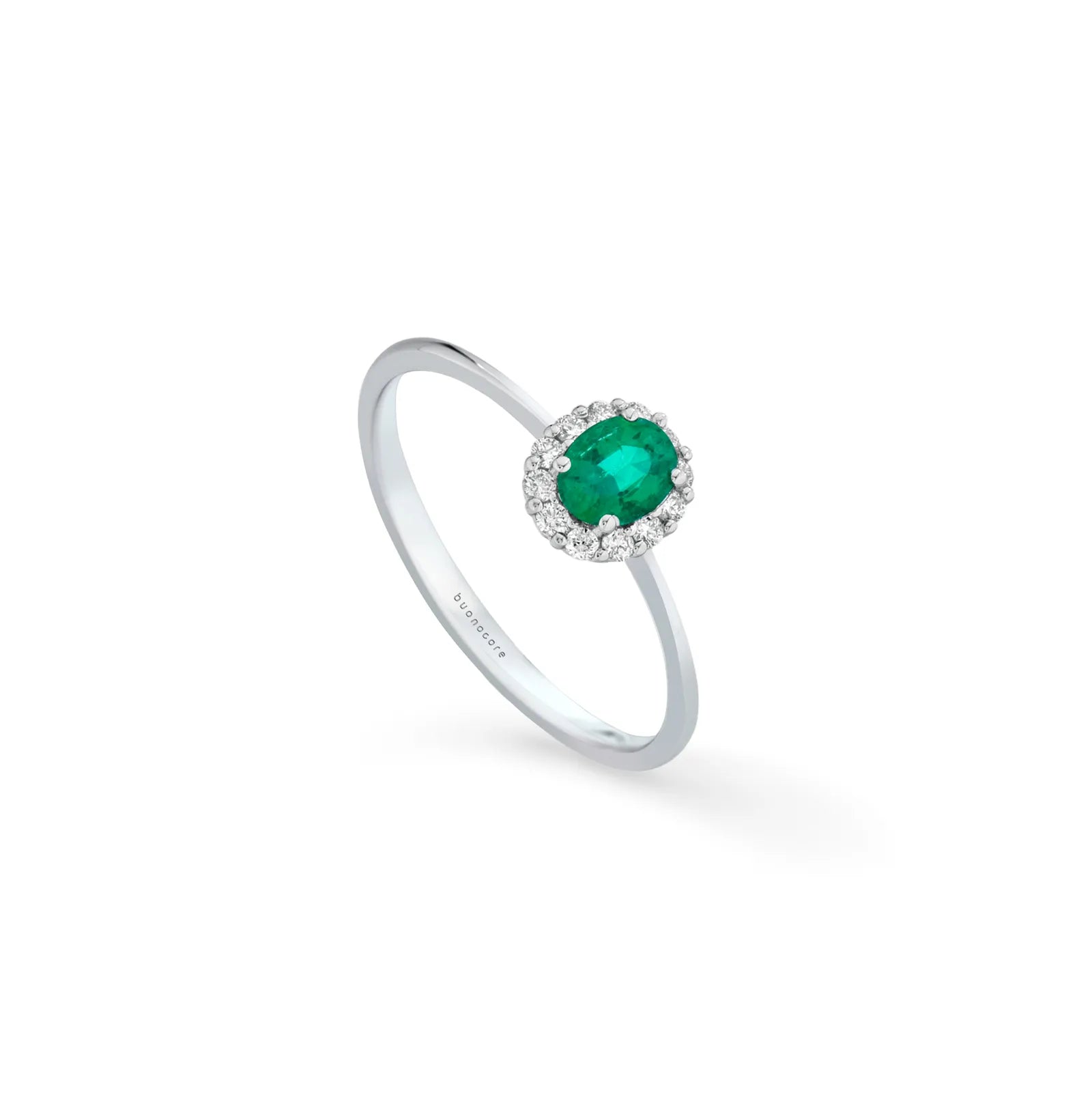 Anello Buonocore in oro bianco 18 kt e contorno di diamanti bianchi con smeraldo ovale, 0.28ct di smeraldi - 1930A01MW