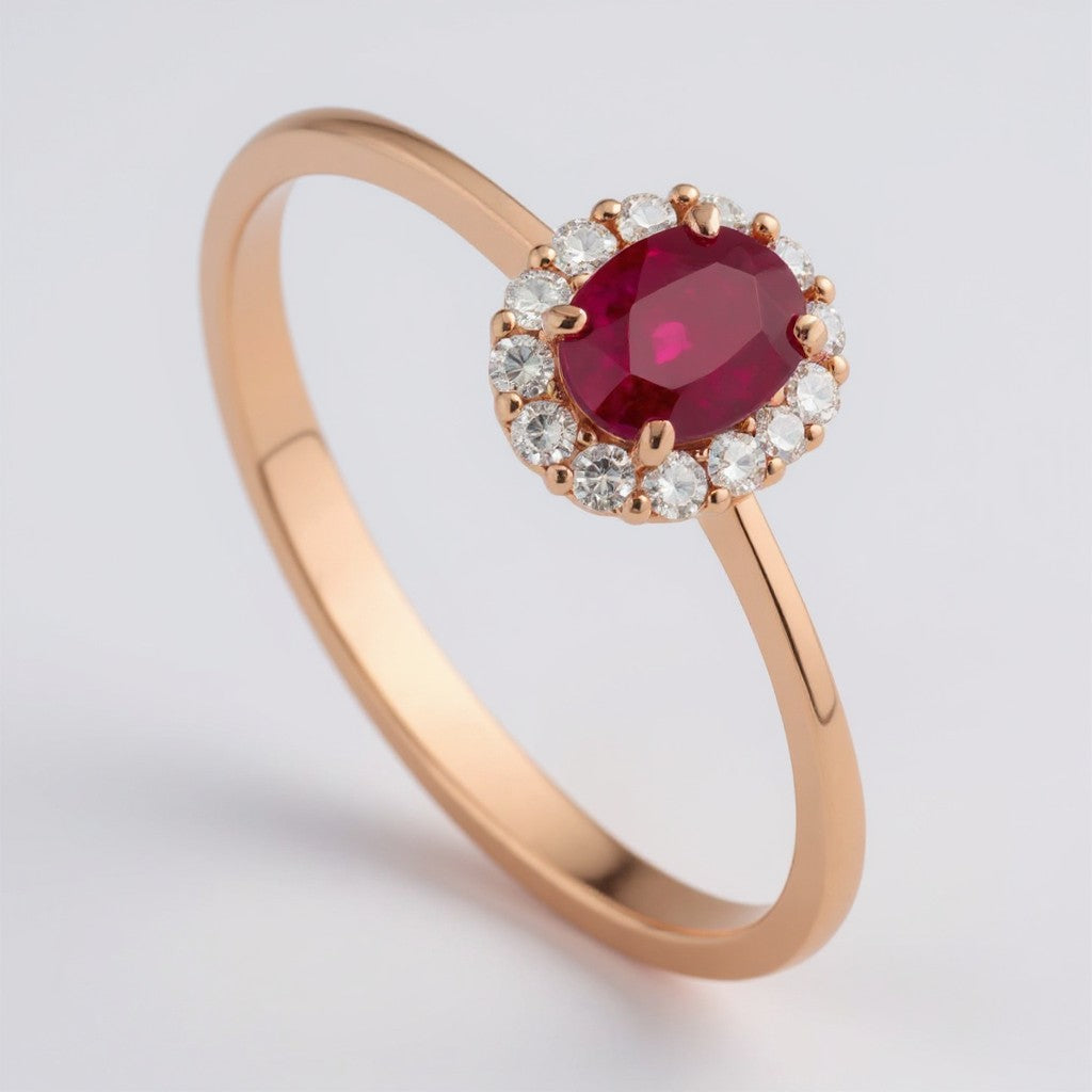 Anello Buonocore in oro rosa 18KT e contorno diamanti bianchi con rubino ovale, 0.41ct di rubino - 1930A03MP