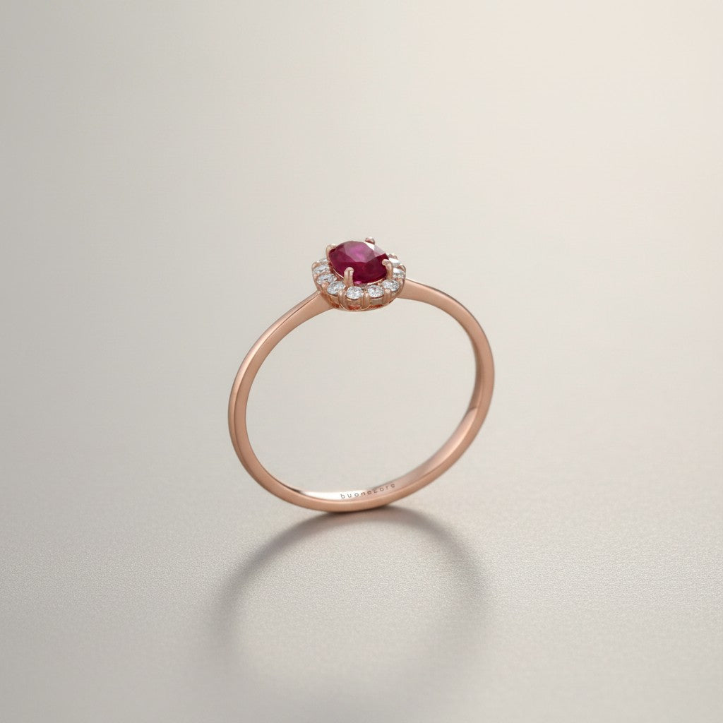 Anello Buonocore in oro rosa 18KT e contorno diamanti bianchi con rubino ovale, 0.41ct di rubino - 1930A03MP