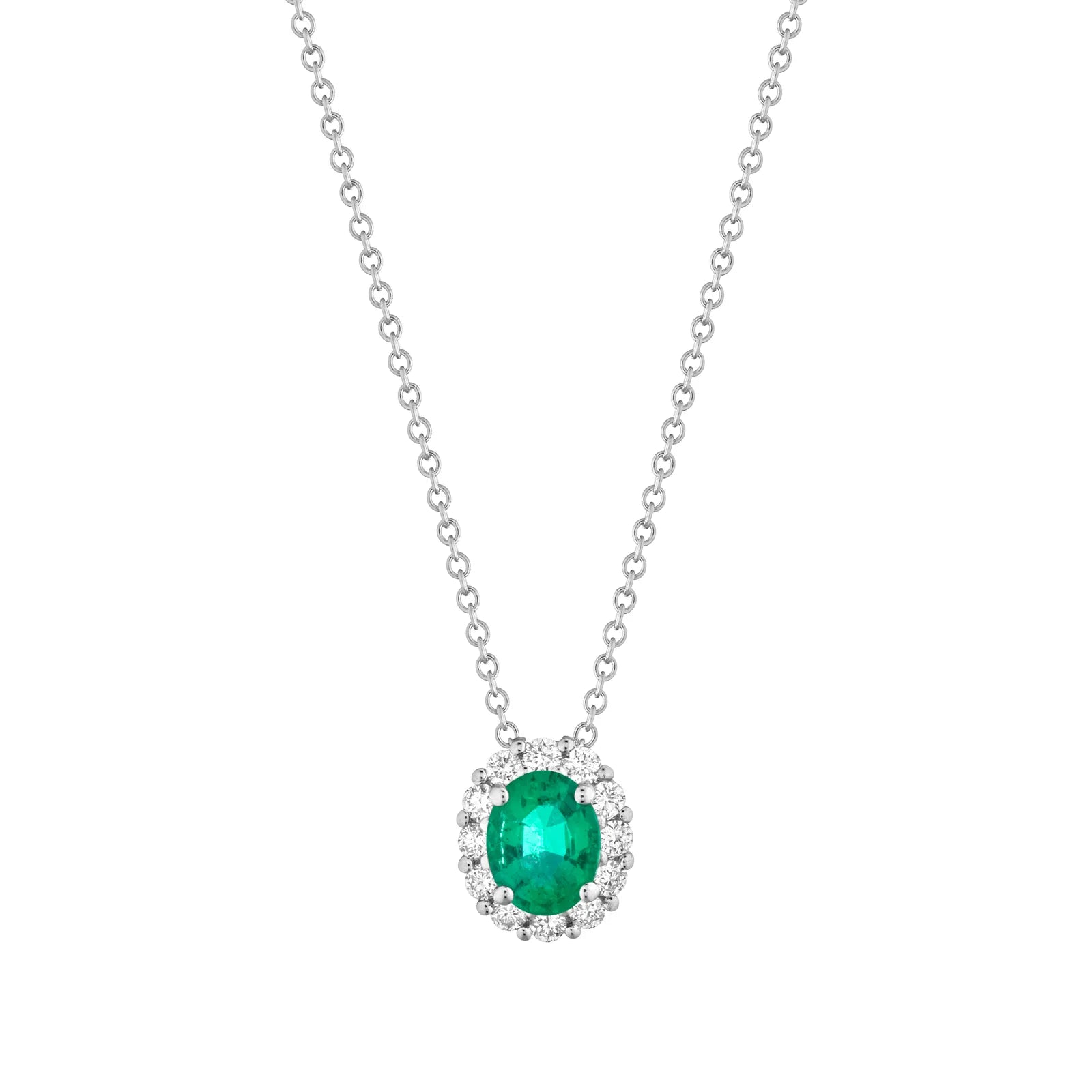 Collana Buonocore oro bianco 18kt pendente contorno diamanti bianchi con smeraldo ovale 5×4, 0.26ct di smeraldi - 1930C01MW