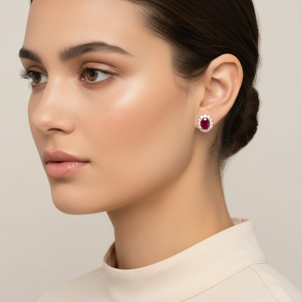 Orecchini Buonocore in oro rosa 18kt e contorno di diamanti bianchi con rubini ovale, 0.94ct di rubini - 1930O03MP