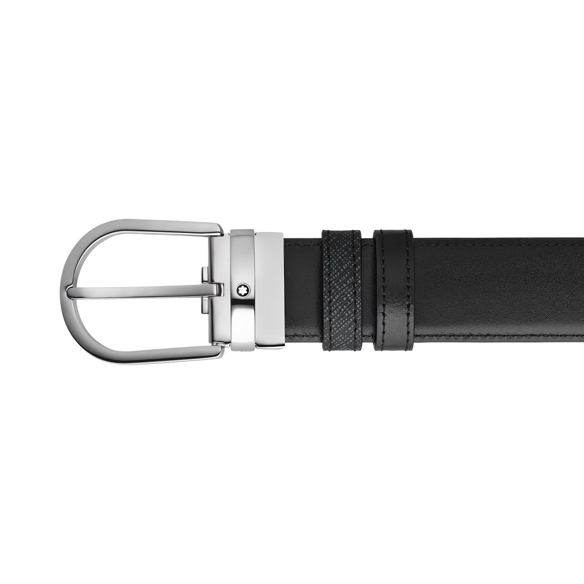 CINTURA MONTBLANC reversibile 35 mm in pelle blu tweed/nera con fibbia a ferro di cavallo - 198572