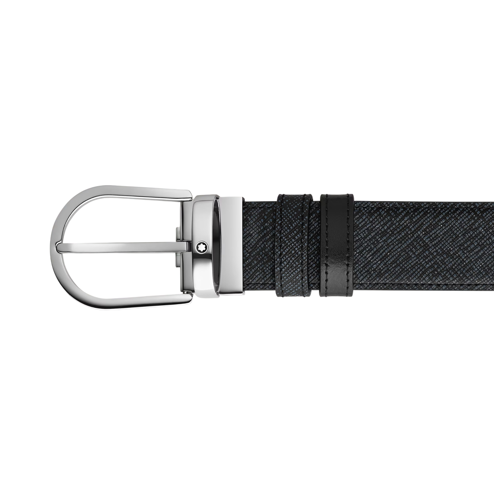 CINTURA MONTBLANC reversibile 35 mm in pelle blu tweed/nera con fibbia a ferro di cavallo - 198572