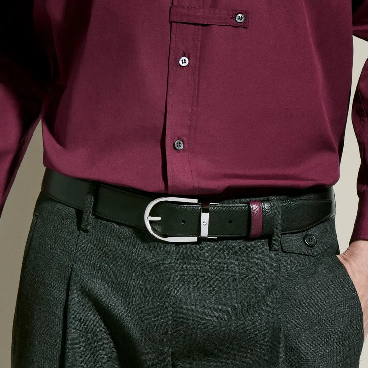 Cintura reversibile Montblanc 35 mm in pelle nera/cassis con fibbia a ferro di cavallo - 199638