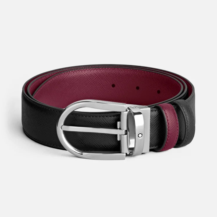 Cintura reversibile Montblanc 35 mm in pelle nera/cassis con fibbia a ferro di cavallo - 199638