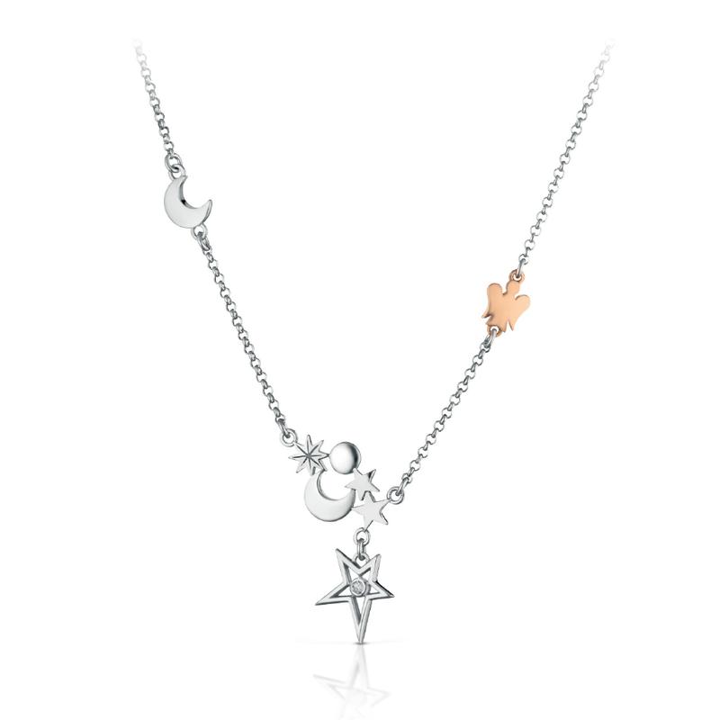 SILVER NECKLACE WITH ANGEL STARS AND MOONS - GIA359