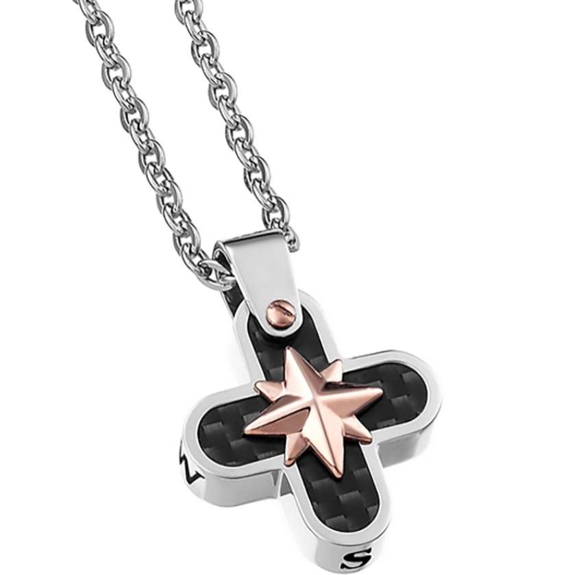 ZANCAN NECKLACE IN STEEL WITH CROSS AND ROSE OF THE WINDS - EHC066