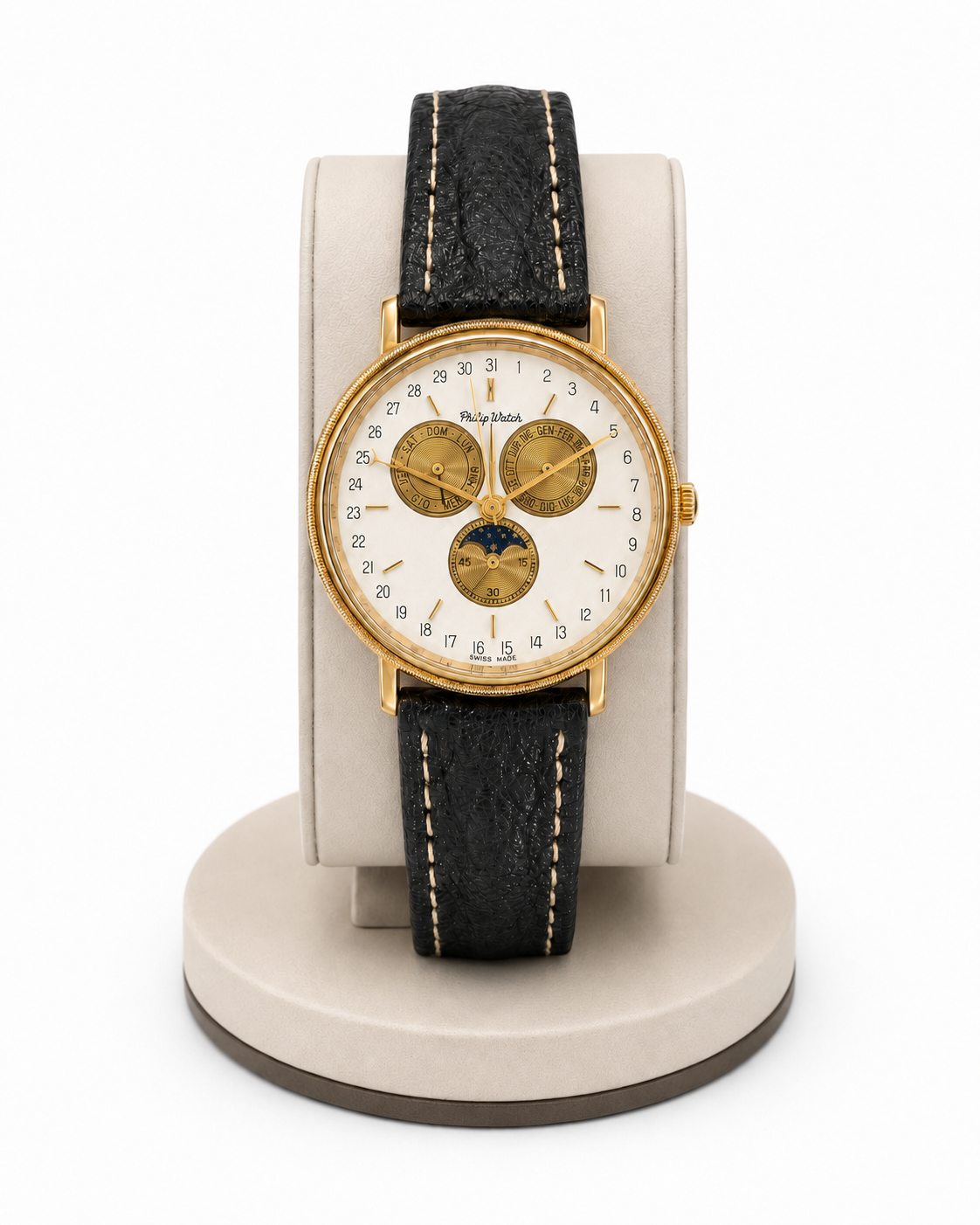 Orologio Philip Watch Vintage, cronografo, calendario completo e fasi lunari, quadrante bianco e movimento quarzo, 35mm - 2062