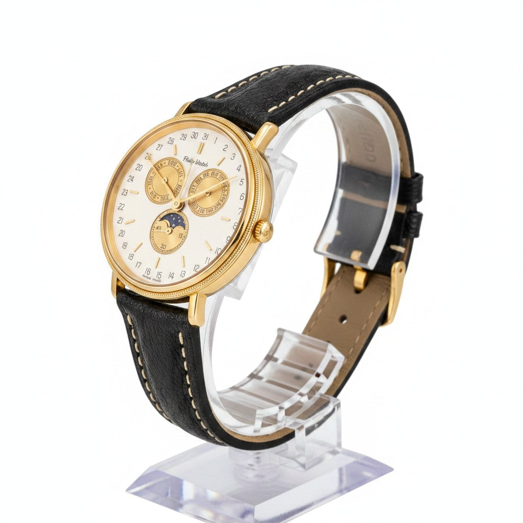 Orologio Philip Watch Vintage, cronografo, calendario completo e fasi lunari, quadrante bianco e movimento quarzo, 35mm - 2062